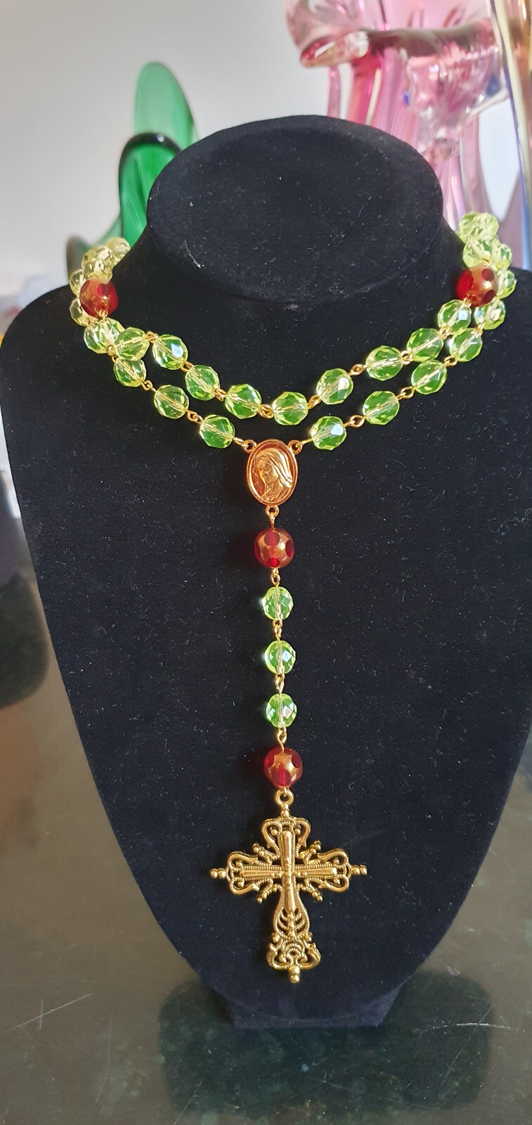 Rosary gothic cross czech uraniumglass beads vintage style jewelry #24091
