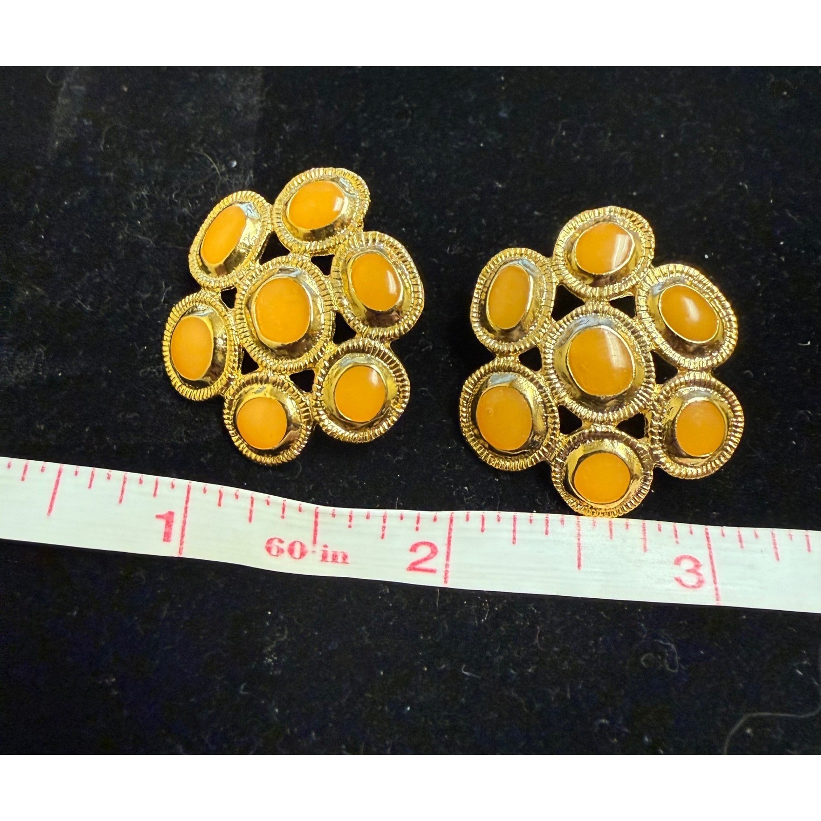 Vintage Style Gold Tone Mustard Yellow Cabochon Floral Cluster Stud Earrings