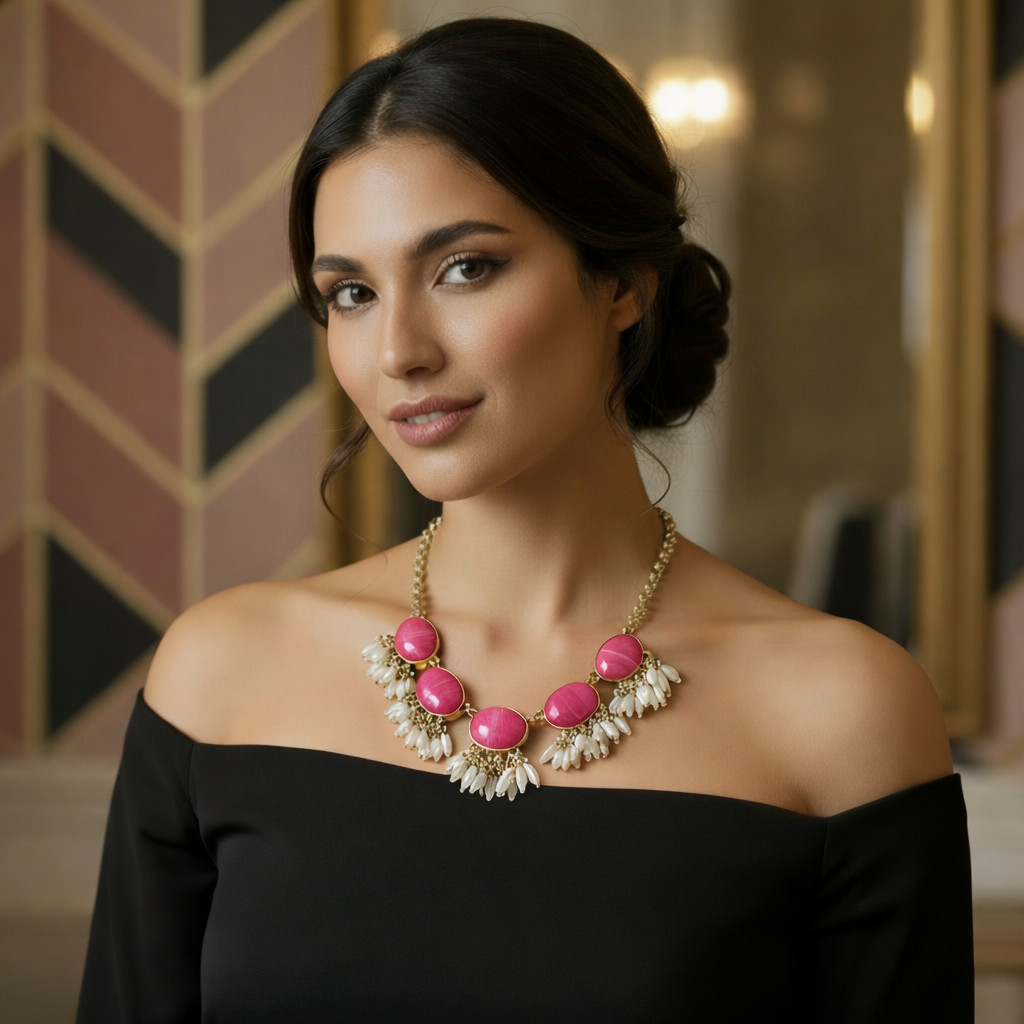 Talbots Pink Statement Necklace Gold Tone Oval Cabochon Bead Fringe 19″-21.75″