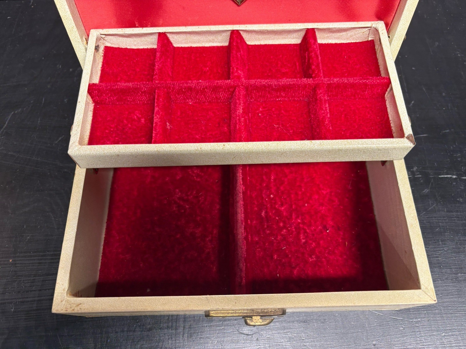 Vintage White/Cream Jewelry Box With Red Velvet Lining, Mirror And Key See Pics