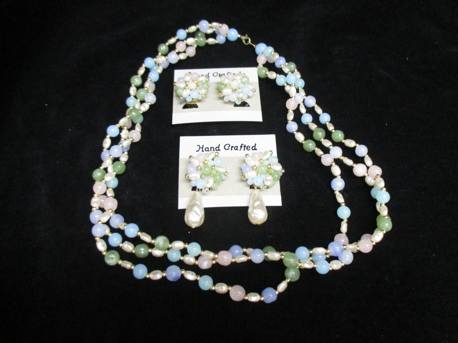 70/80’s Costume Jewelry, Pastel 3 Strand Beaded Necklace & 2 Pair Clip Earrings