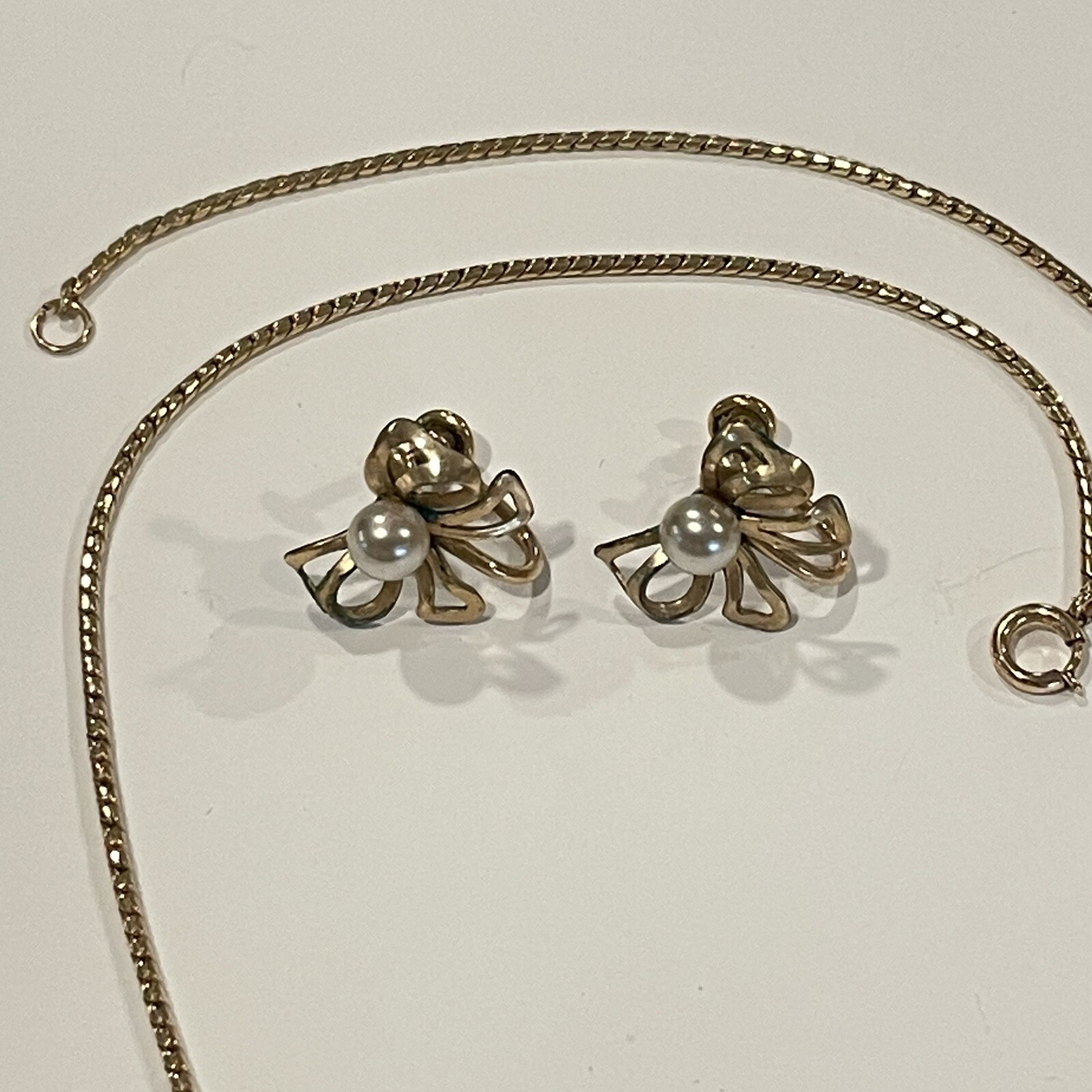 Vintage Van Dell 12k Gold Filled Bow Necklace And Earrings Set Pearls