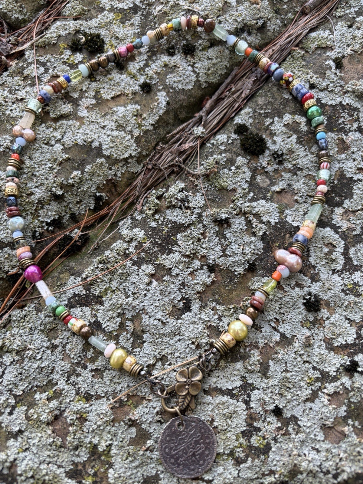 Multicolor Beaded Necklace Round Coin Pendant Bohemian fresh water pearls, glass
