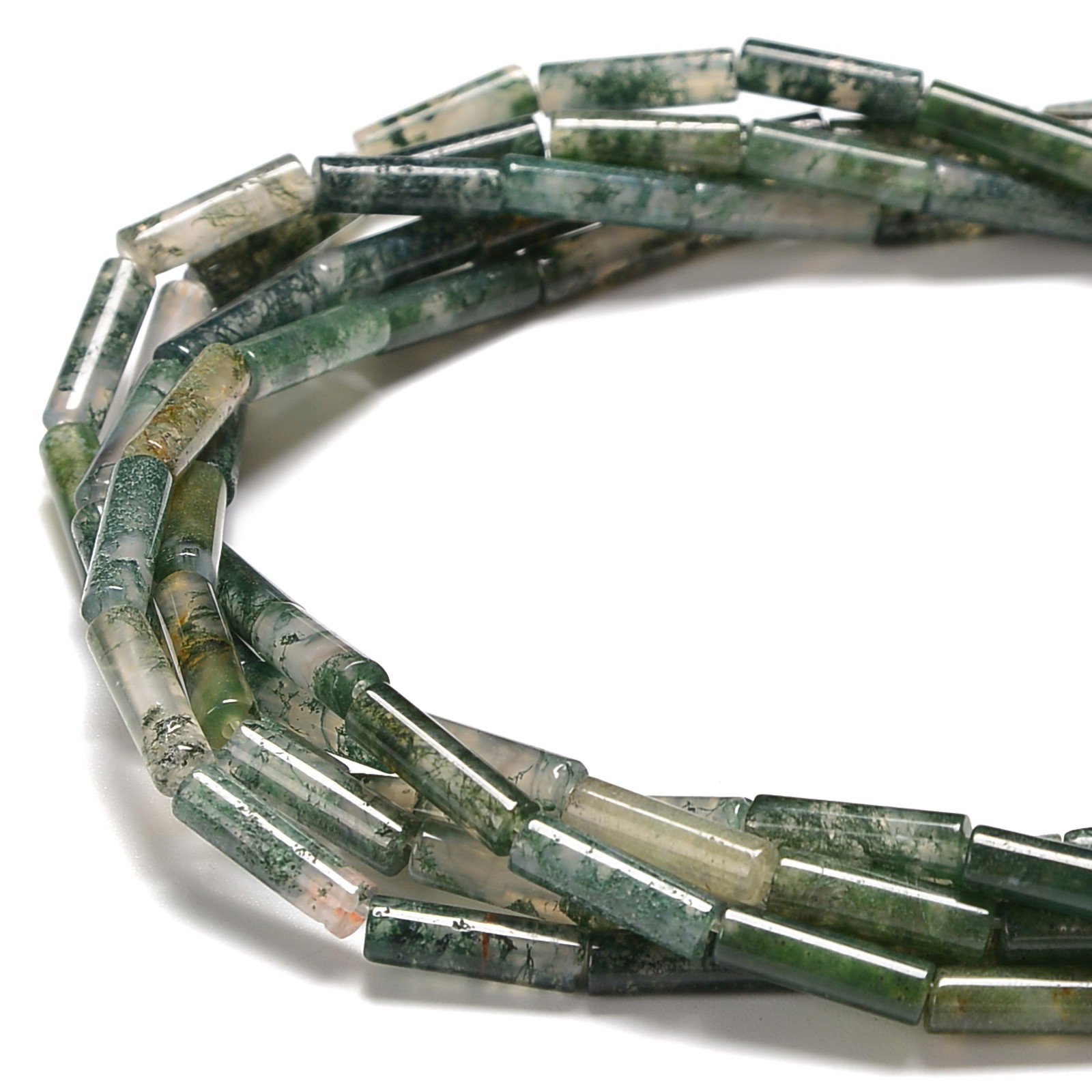 Natural Moss Agate Cylinder Tube Beads Size 4x13mm 15.5” Strand