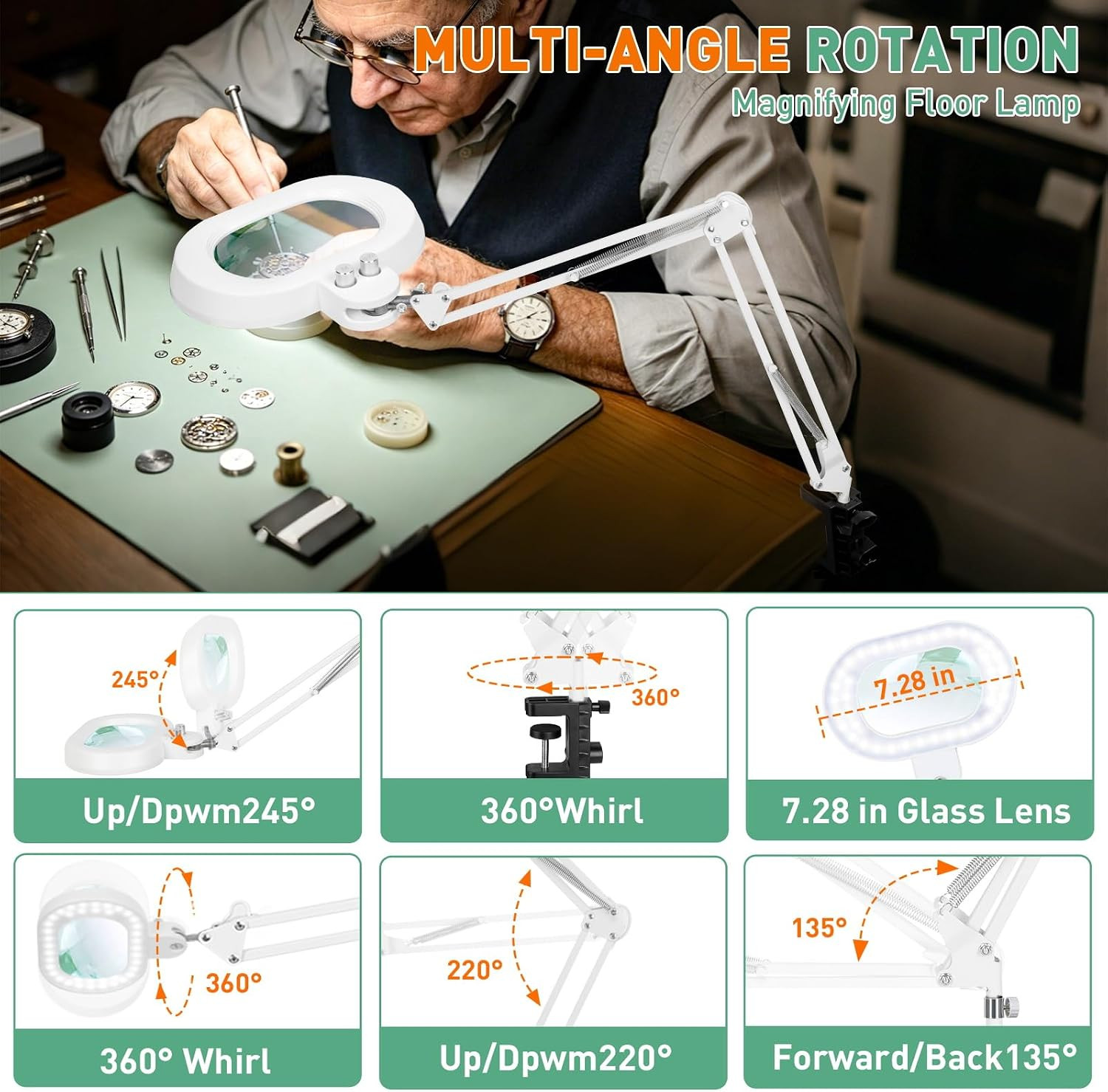 12X Floor Magnifying Glass with Light, 4 Wheel Stable Stand Base | Three-Axis Ro