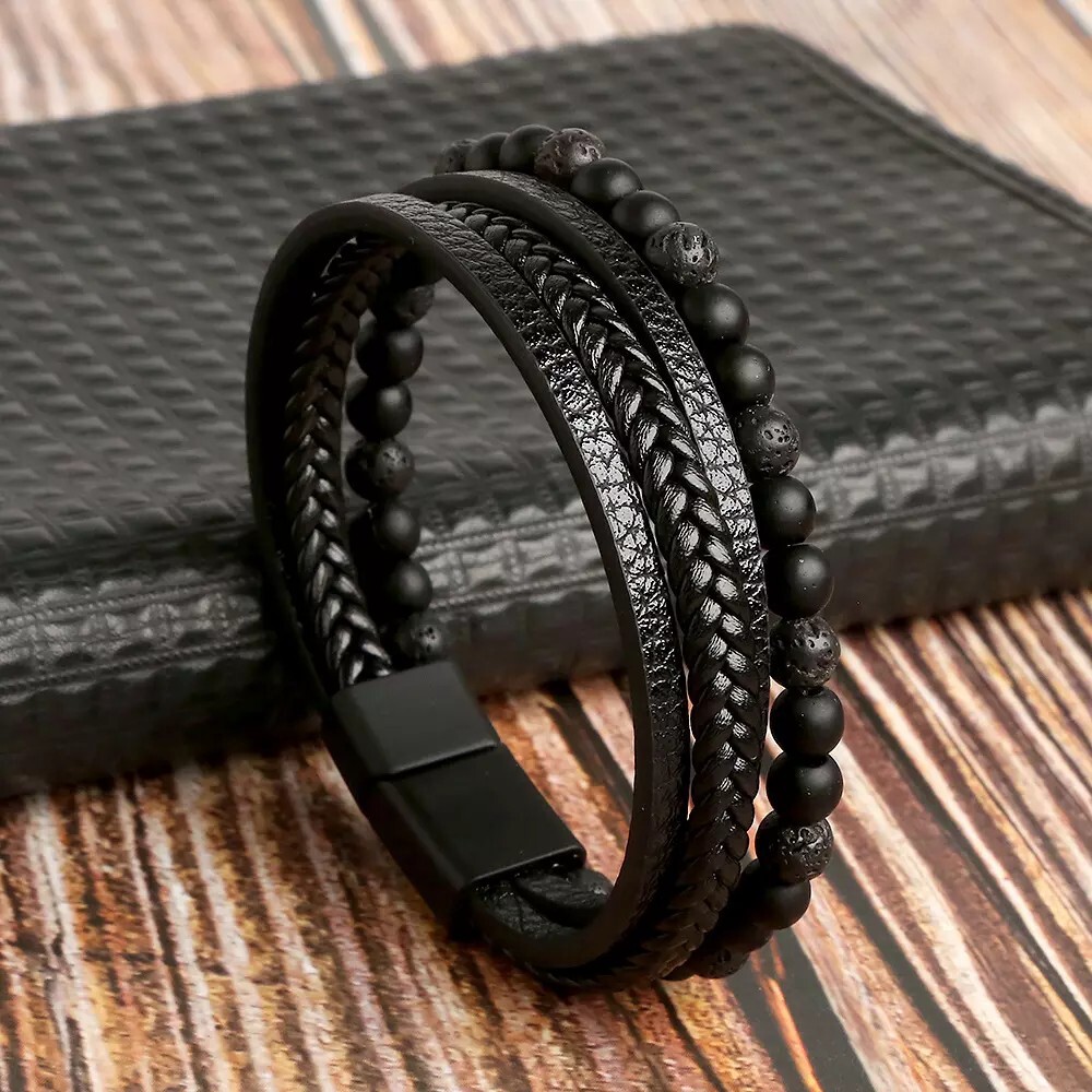 Men’s Layered Braided Leather Beaded Bracelet With Tiger Eye Natural Stone US
