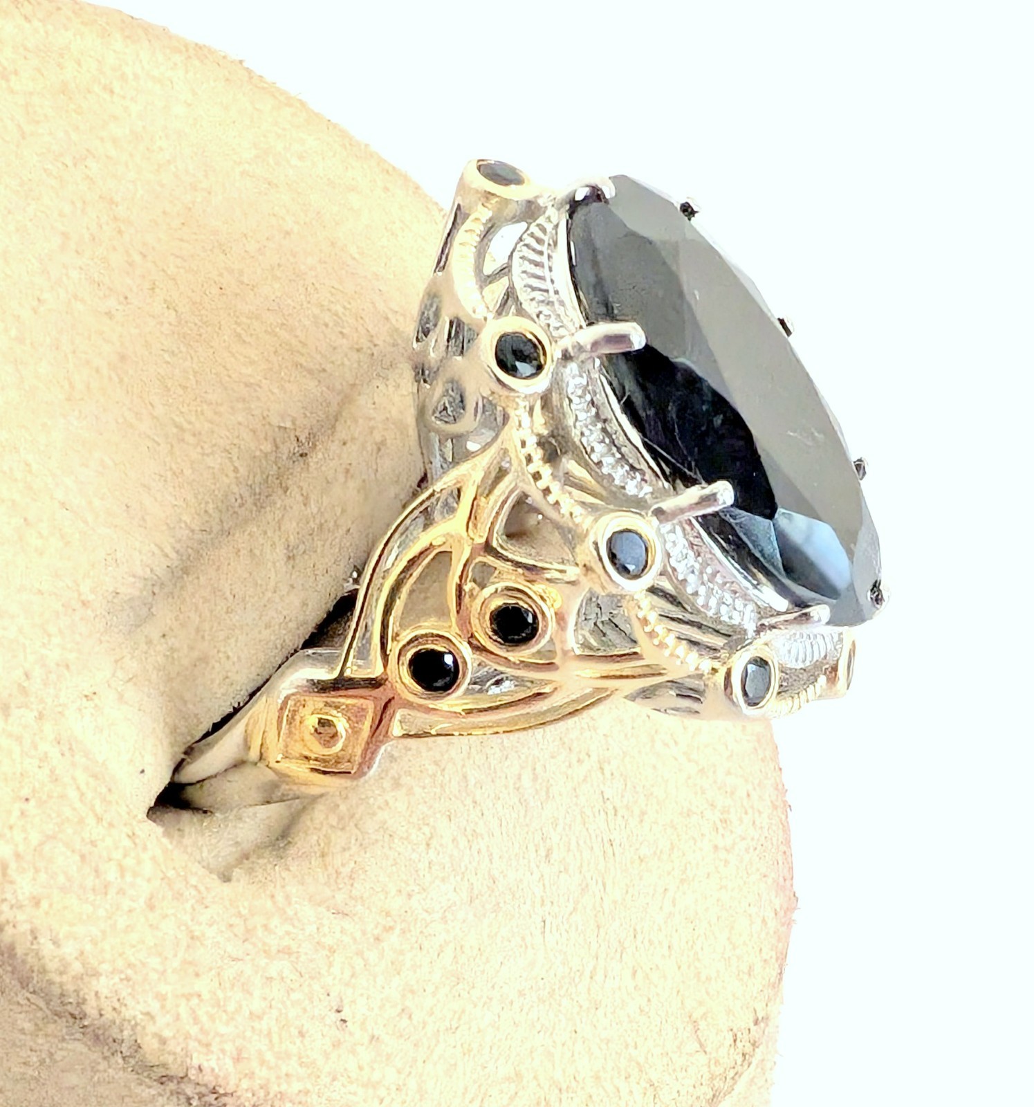 Gorgeous STS Karis Black Spinel 18K Gold/Rhodium over Sterling Silver Ring 6.5