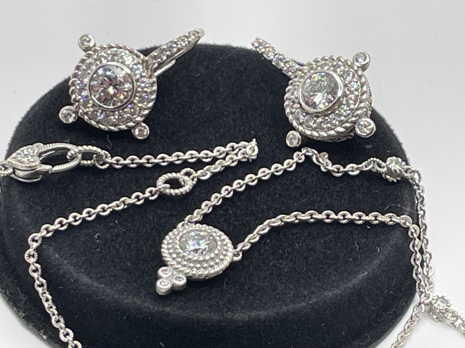 JUDITH RIPKA 925 Sterling Silver C Z Station Chain Pendant Necklace & Earrings