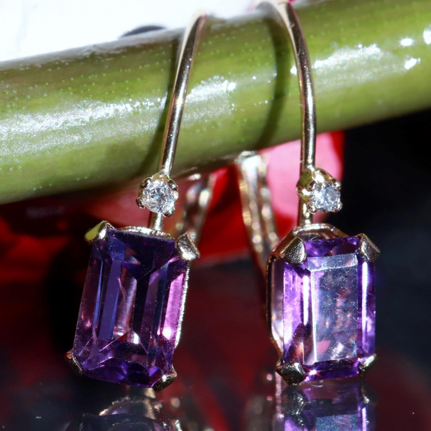 14k yellow gold earrings 0.82ct amethyst diamond 0.61″ dangle 0.91gr N3685