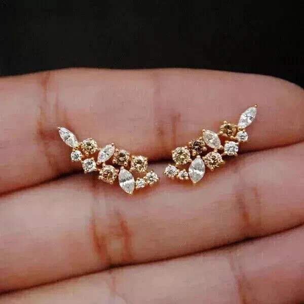 14K Yellow Gold FN Marquise Lab-Created Chocolate Diamond Ear Climber Earrings