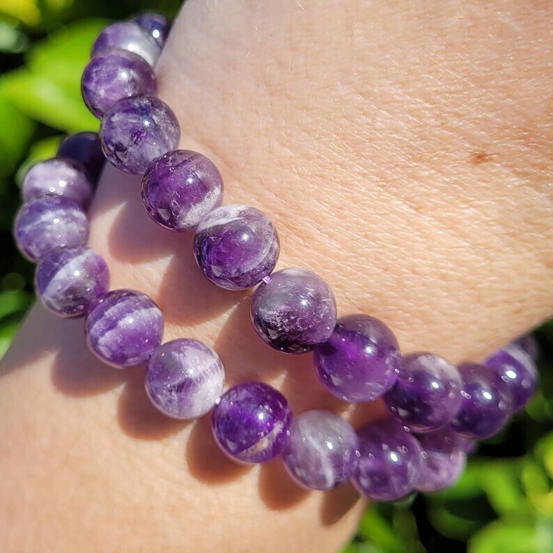 Amethyst Stone Beaded Healing Bracelet Purple Crystal Gemstone Stretch Bracelet