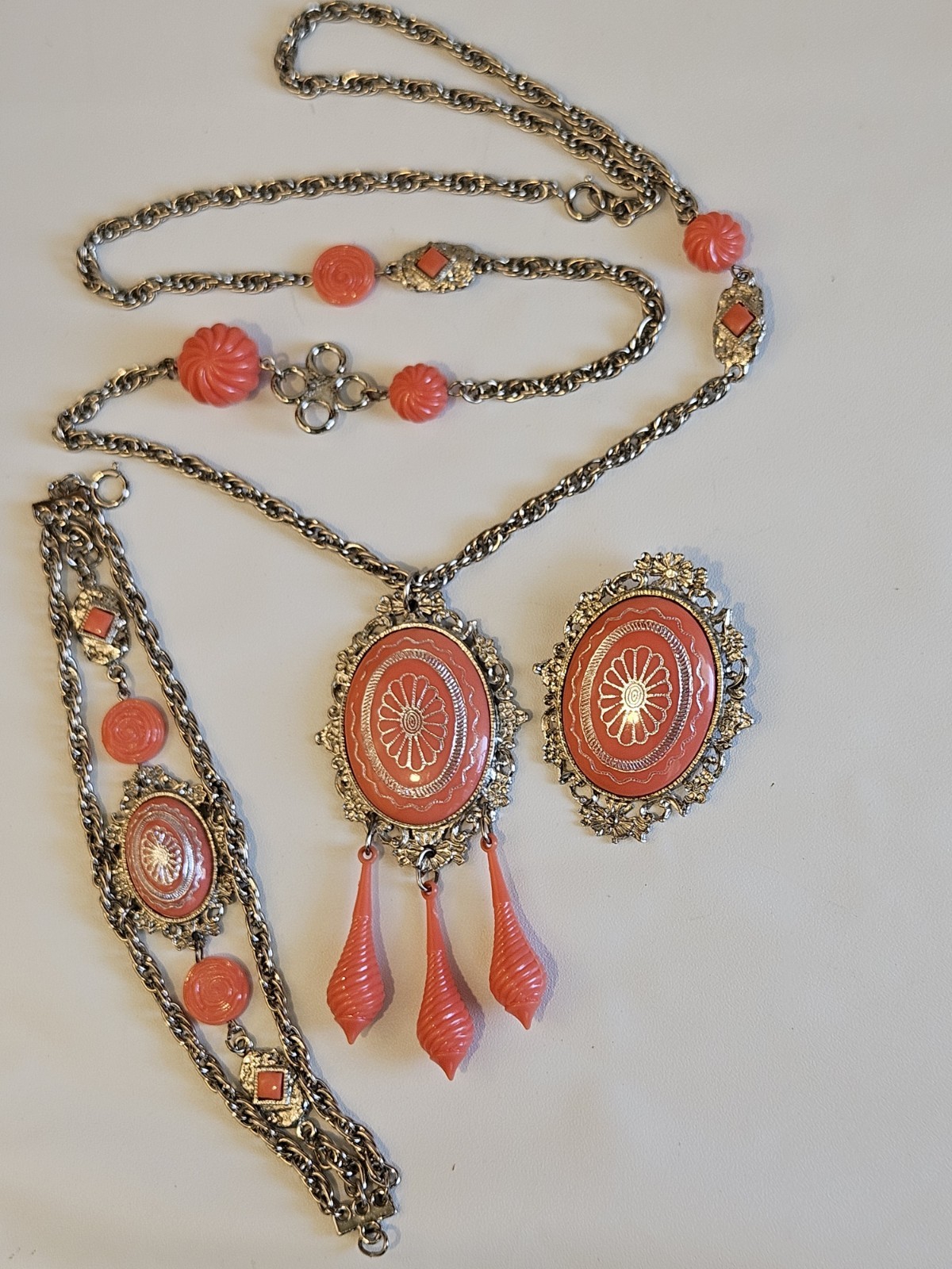 Mid-century celluloid/molded plastic “faux coral” VICTORIAN RIVIVAL PARURE set