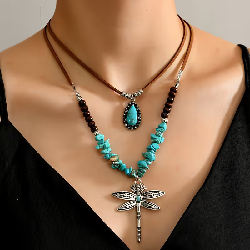 Turquoise Dragonfly Dual Necklace Jewelry American Nature Silvery Pendant