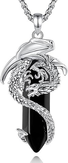 Powerful EUDORA Dragon Necklace with Obsidian Crystal, Silver Plated