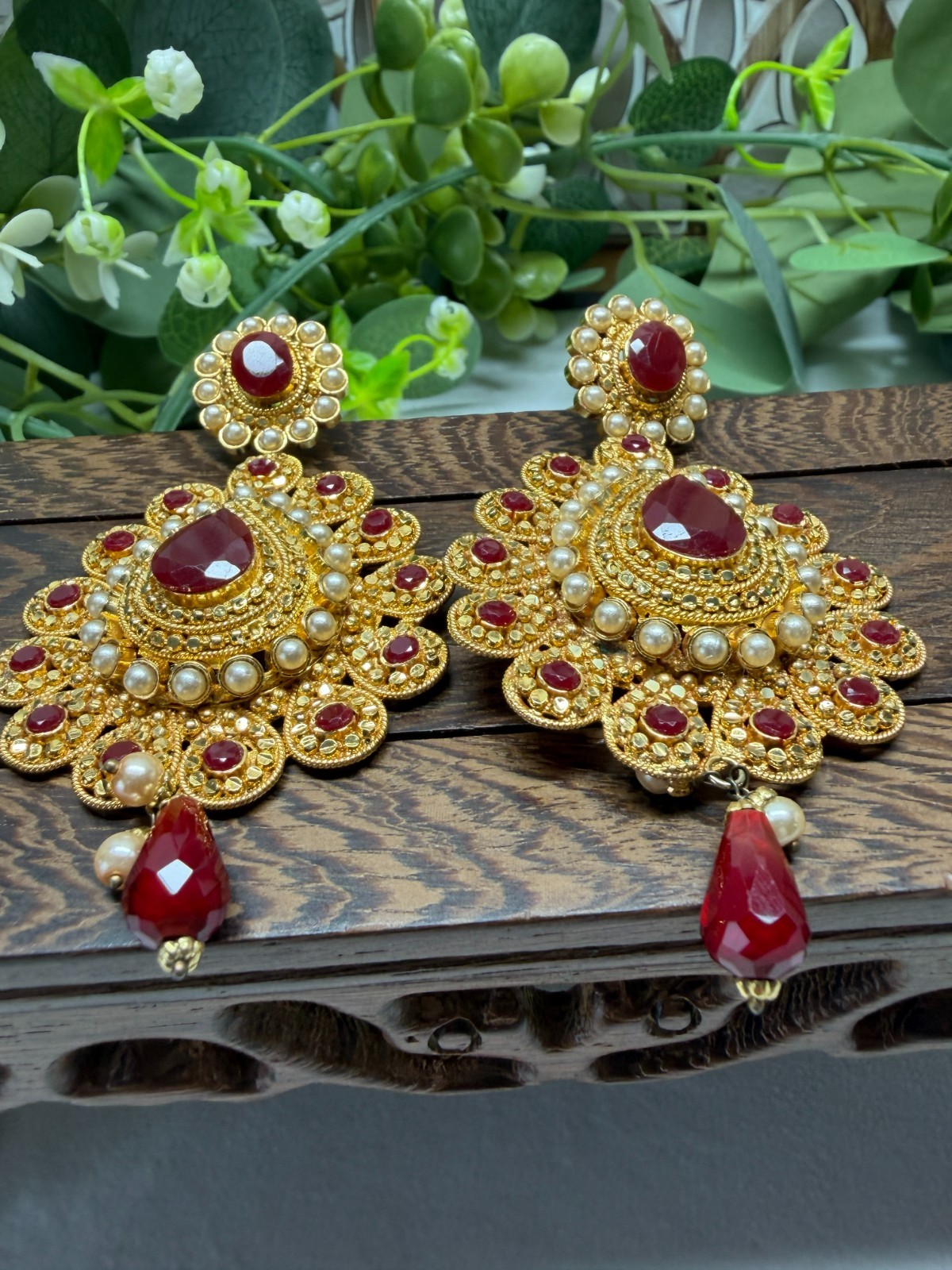 Heavy Ethnic Indian Style Gold & Red Tone Crystal Dangle Earrings – Occasion 40g