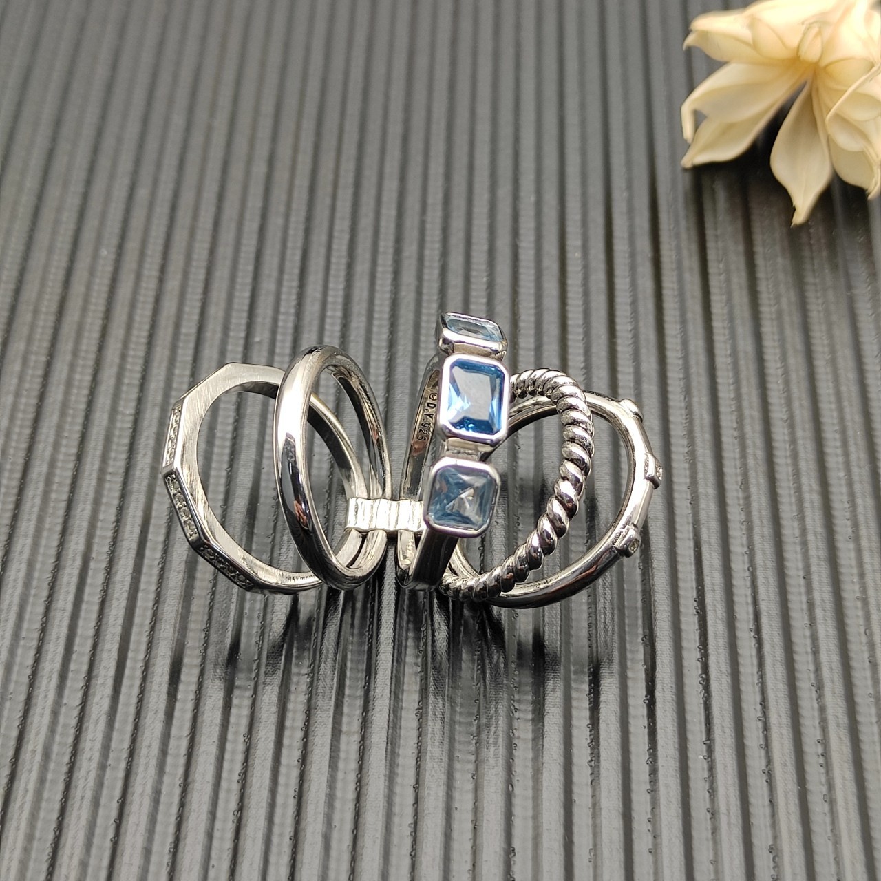 David Yurman 925 Silver Blue Topaz Diamond Multi Band Wrap Stack Ring sz 9