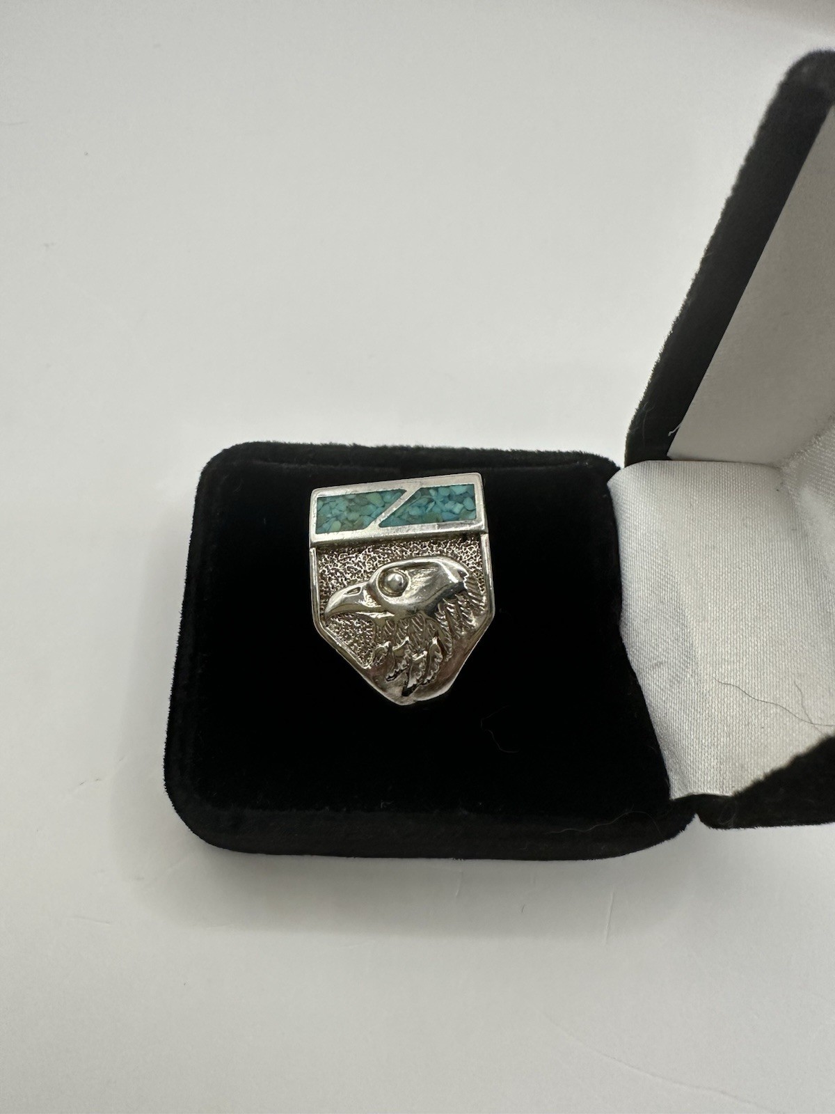 Russian “84” silver ring with turquoise inlay and eagle design. Size 12