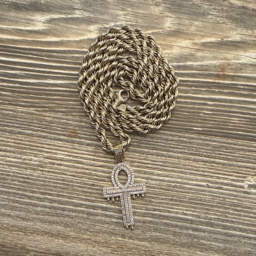 26 inch 10K Gold Rope Chain Necklace 8mm with Ankh pendant