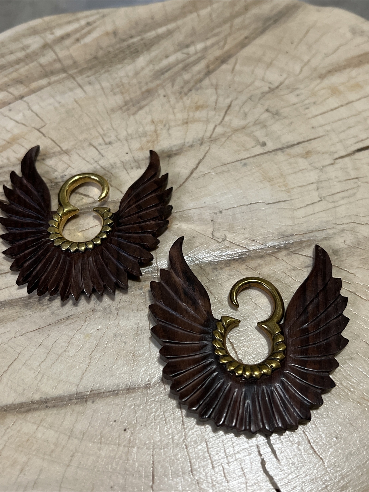 PAIR TRIBAL 8g 3mm Brass SONO WOOD WINGS EAR WEIGHTS PLUGS GAUGE