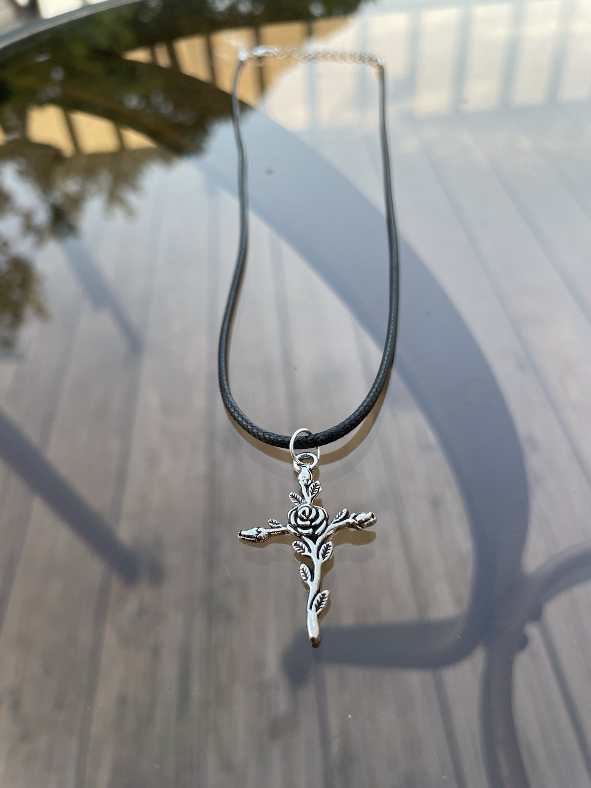 Handmade Y2K Punk Silver Black Cross Flower Rose pendant PU leather necklace