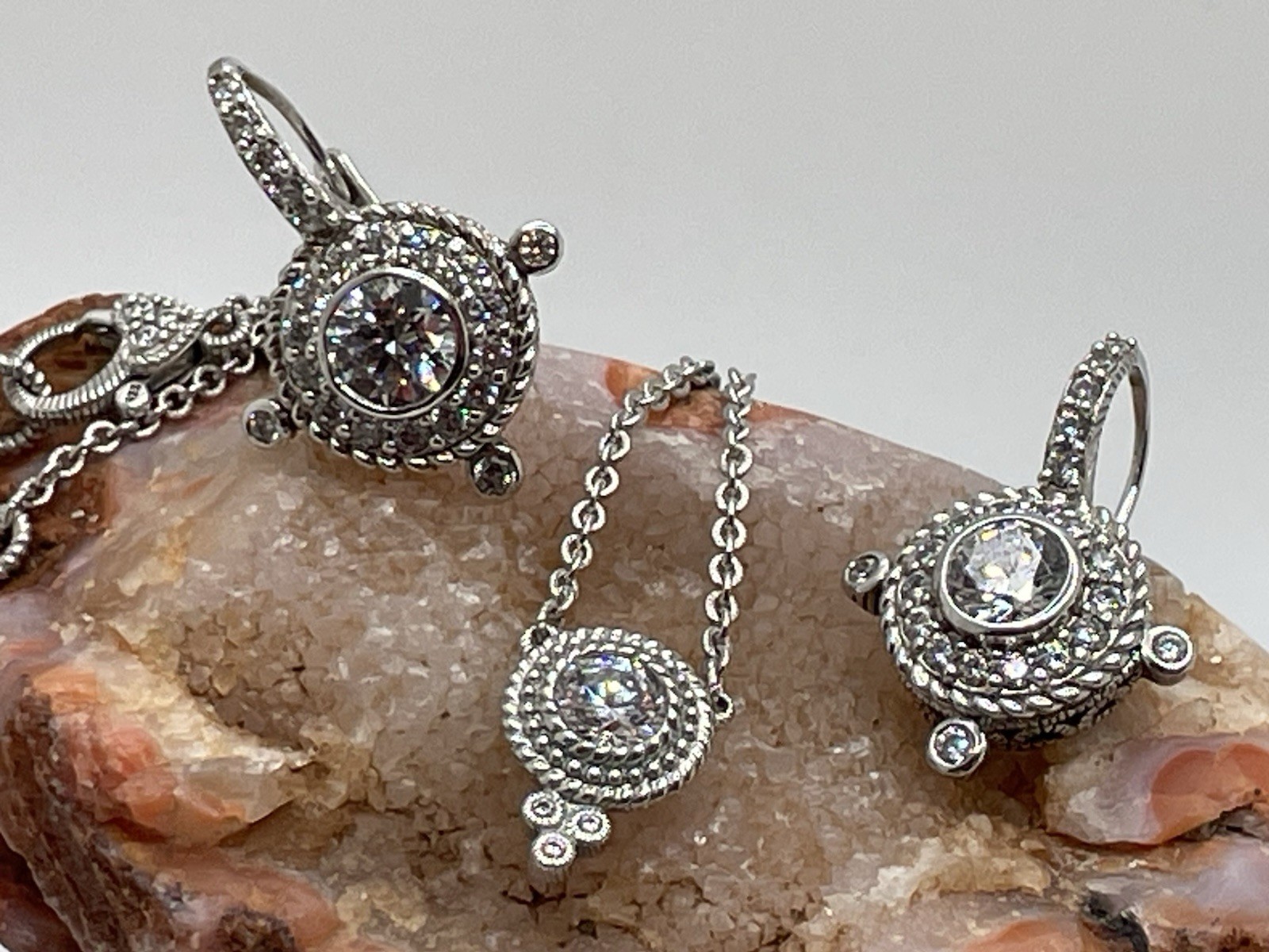 JUDITH RIPKA 925 Sterling Silver C Z Station Chain Pendant Necklace & Earrings