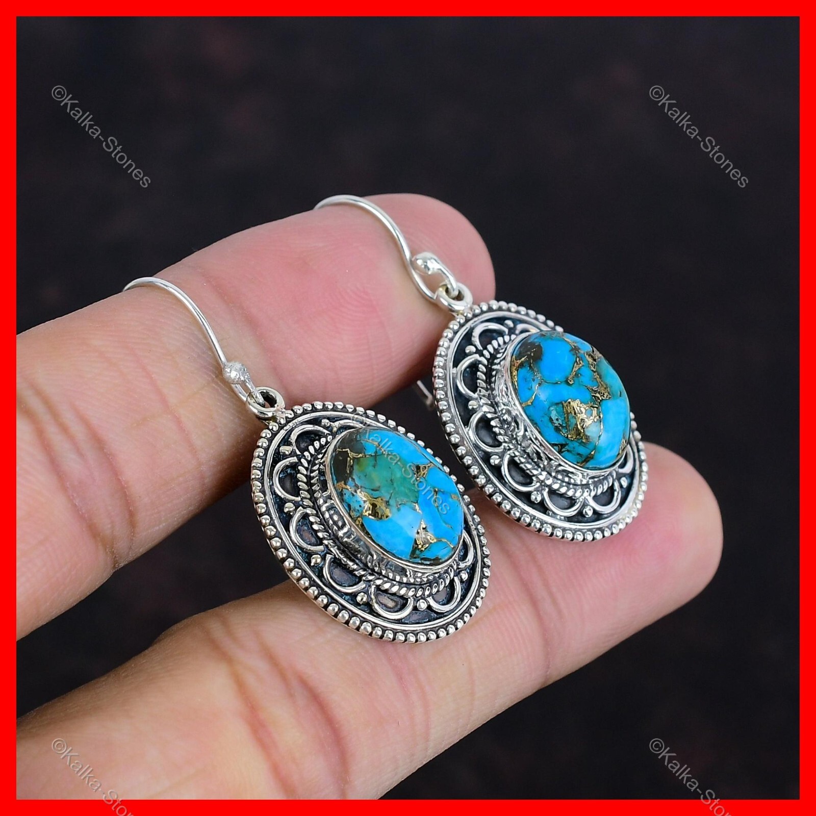 Sterling Silver Natural Copper Blue Turquoise Dangle Drop Hook Earrings Jewelry
