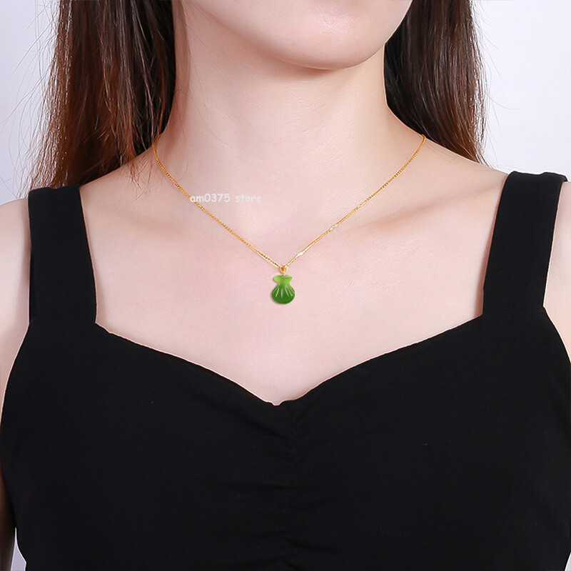 Real 18k Yellow Gold Natural Jasper Sapphire Jadeite Money Fu Bag Pendant Chain