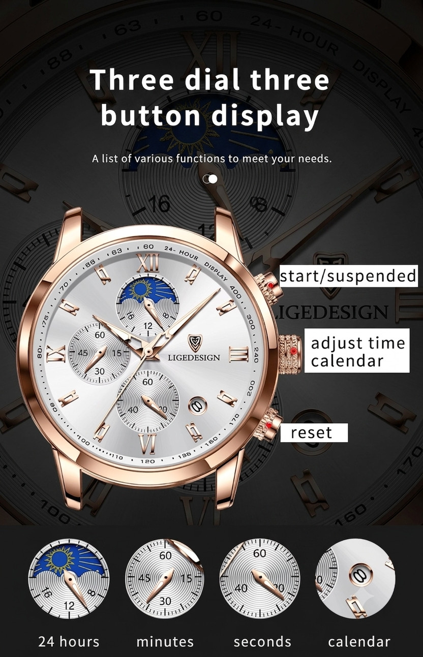 Men’s Watches Quartz Luminous Date Dial Waterproof Leather Business Wristwatch