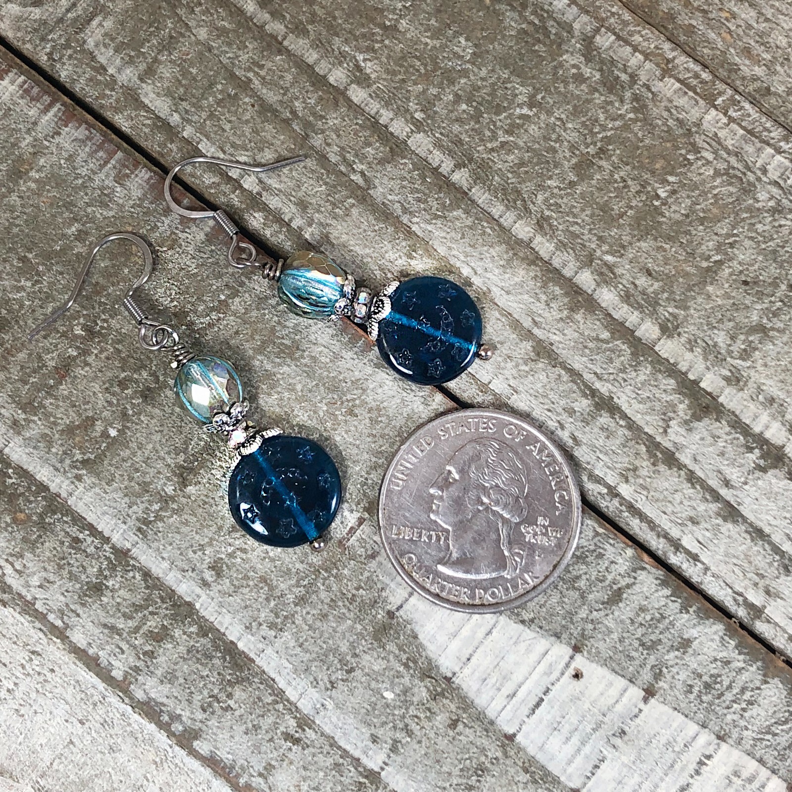 Earrings w Czech Glass Cobalt Blue Coins Engraved w Stars
