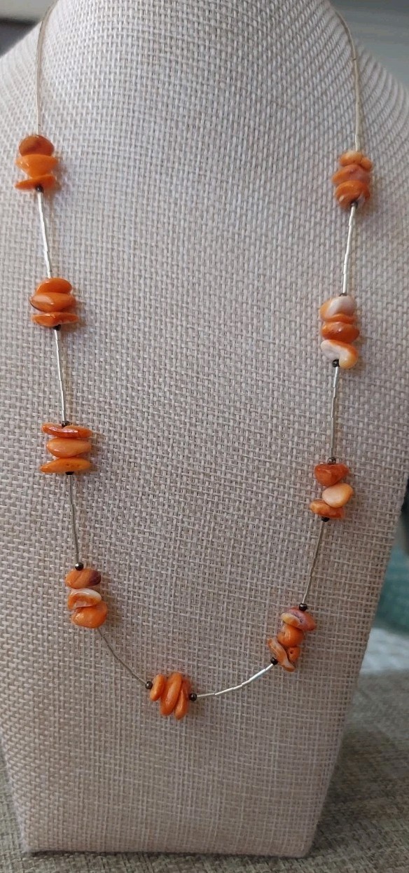 New Sterling Liquid Silver & Orange Spiny Oyster Necklace