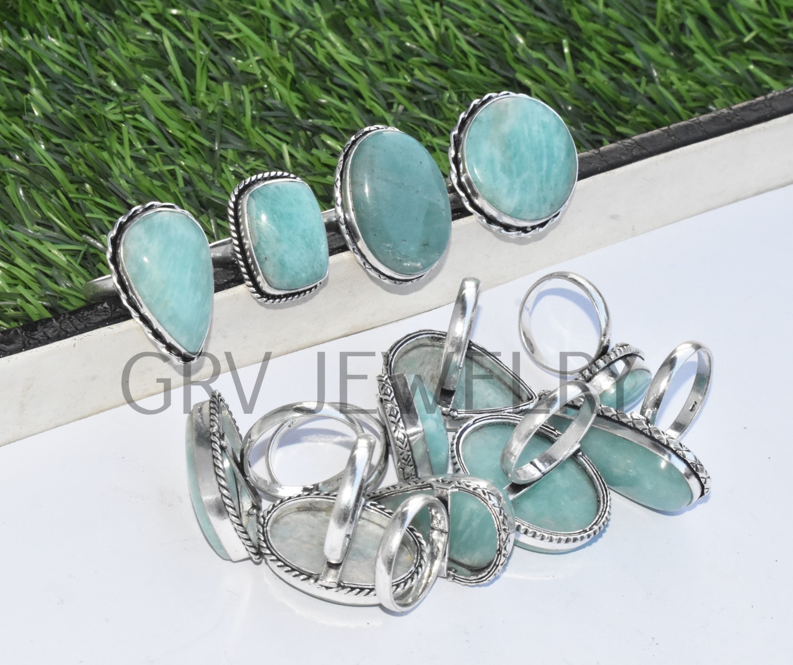 1-500 Pcs Natural Amazonite In Wholesale Gemstone Rings Lot: Silver Plated Whr-9