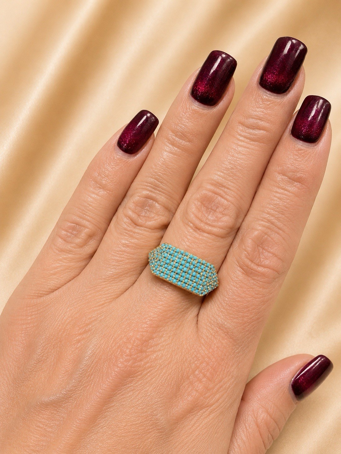 Turquoise Pave Statement Ring Size 7 Gold Tone Wide Band Blue Stone Womens