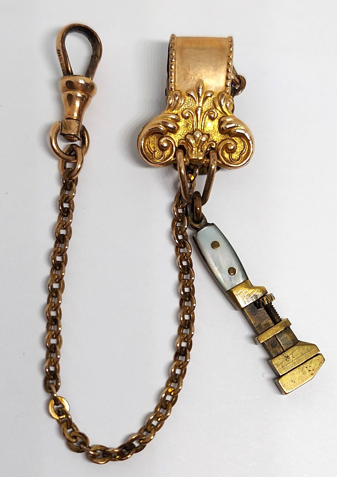 VTG Antique Miniature monkey Wrench works watch Fob charm Gold Filled Chain Clip