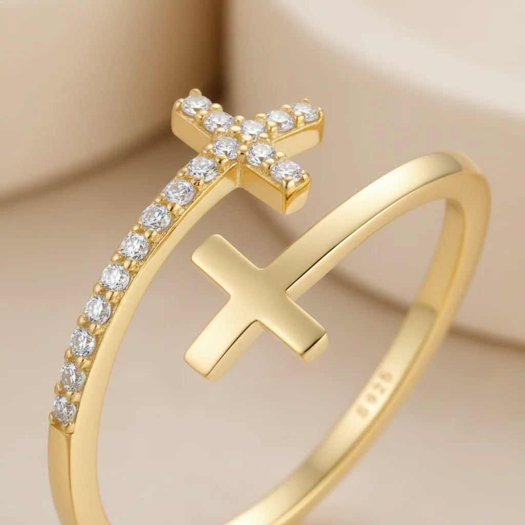 Gold & CZ Double Cross Ring by Stella Amoré: Adjustable Christian Jewelry