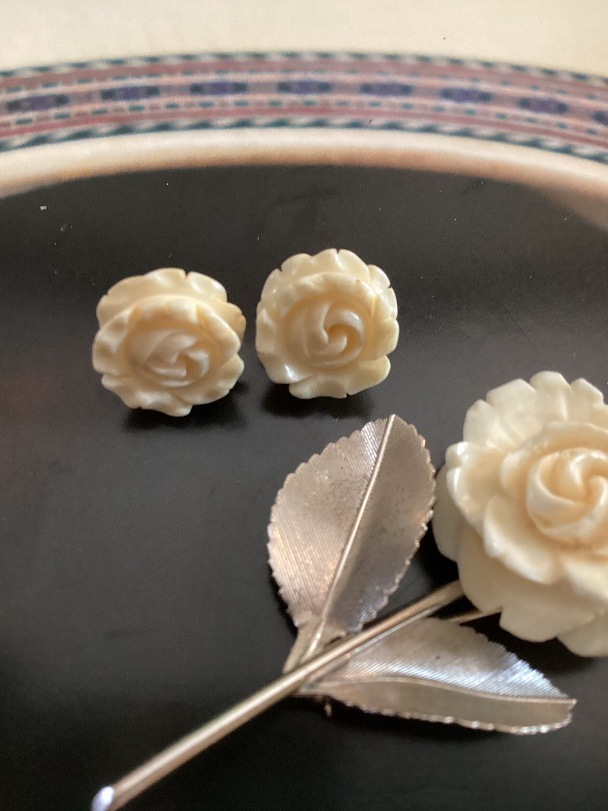 Sterling Silver Carved White Rose Brooch w/Matching pierced Earrings