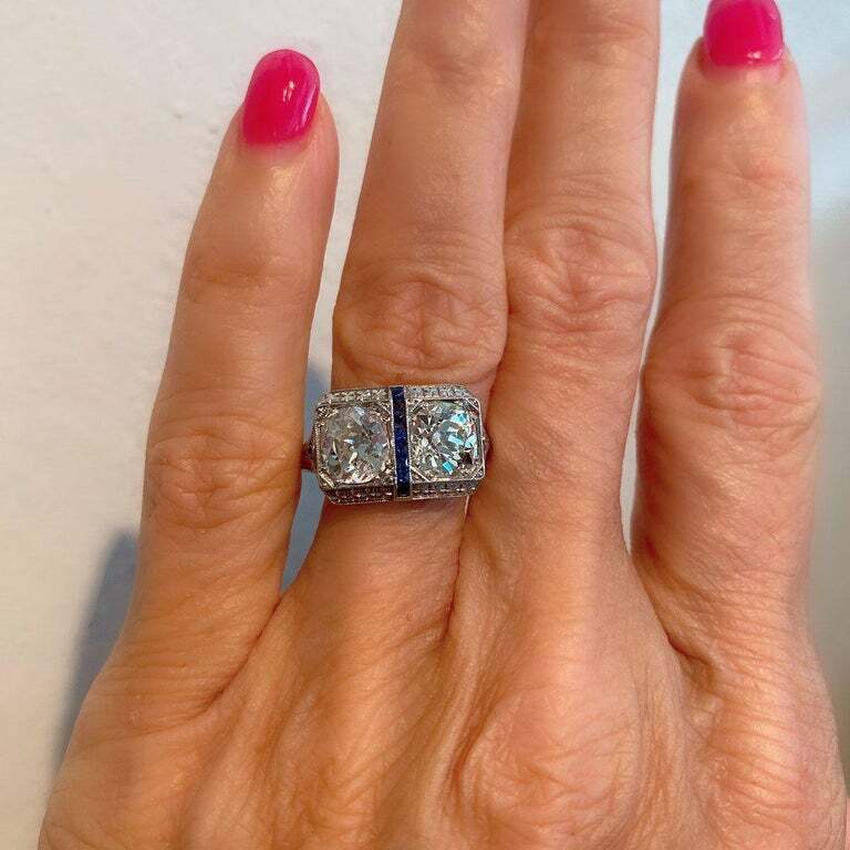 Old European Cut Sparkling Cubic Zirconia & Blue Sapphire Vintage Classic Ring