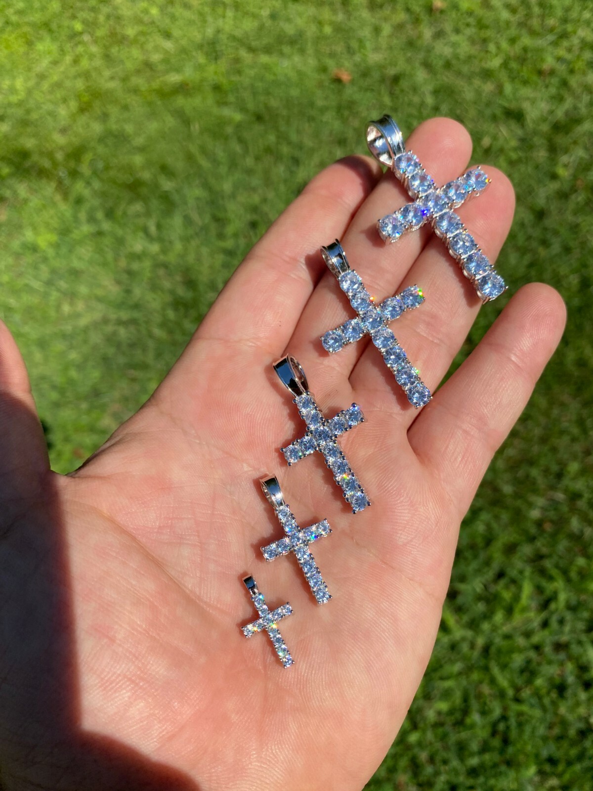 Solid 925 Sterling Silver Tennis Cross Pendant Simulated Diamonds Men’s Ladies’