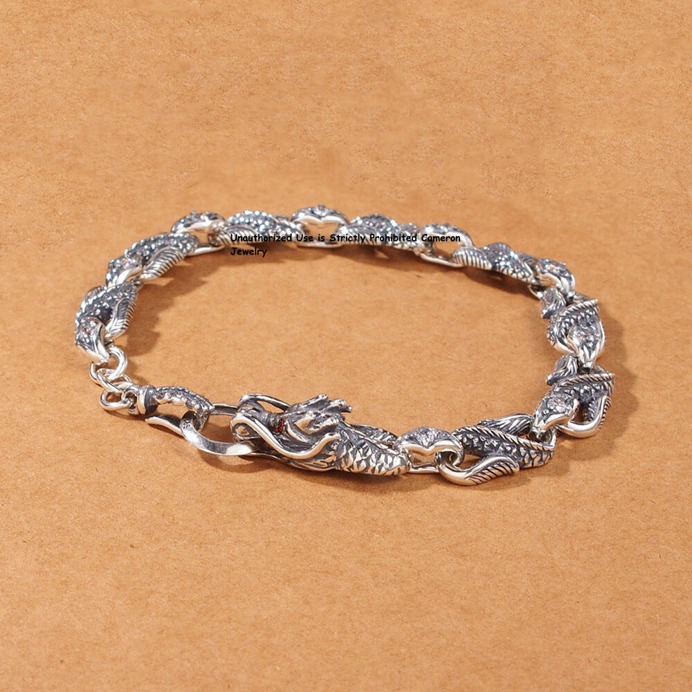 Pure S925 Sterling Silver Chain Men Women 4mm Dragon Link Bracelet 7.1-7.9in