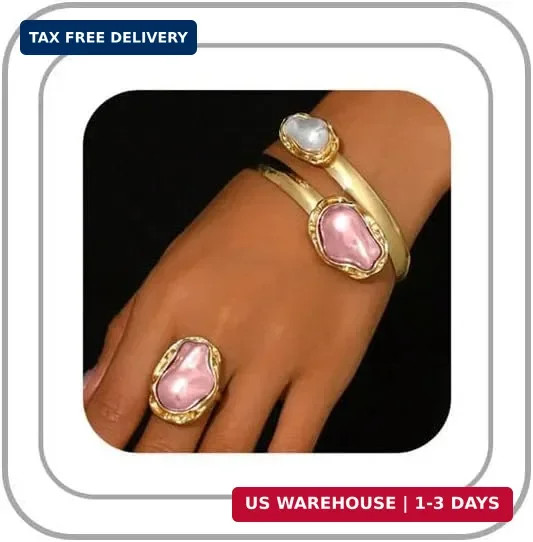 Pearl Jewelry Set for Women Vintage Irregular Pearl Bracelet Rings Set Chunky Cu