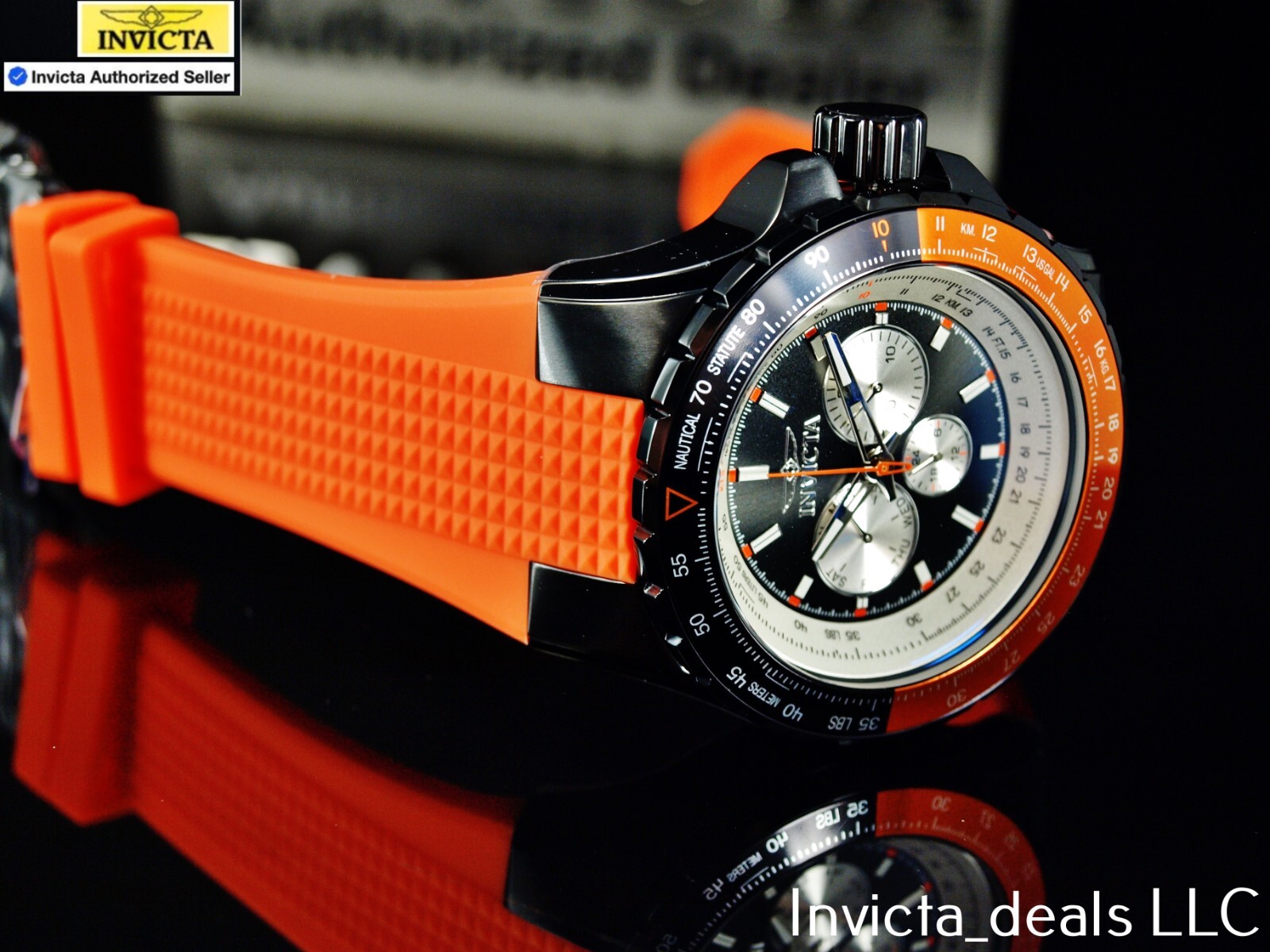 Invicta Men’s 50mm AVIATOR NAUTICAL Series Quartz BLACK DIAL Orange Tone SS Watc