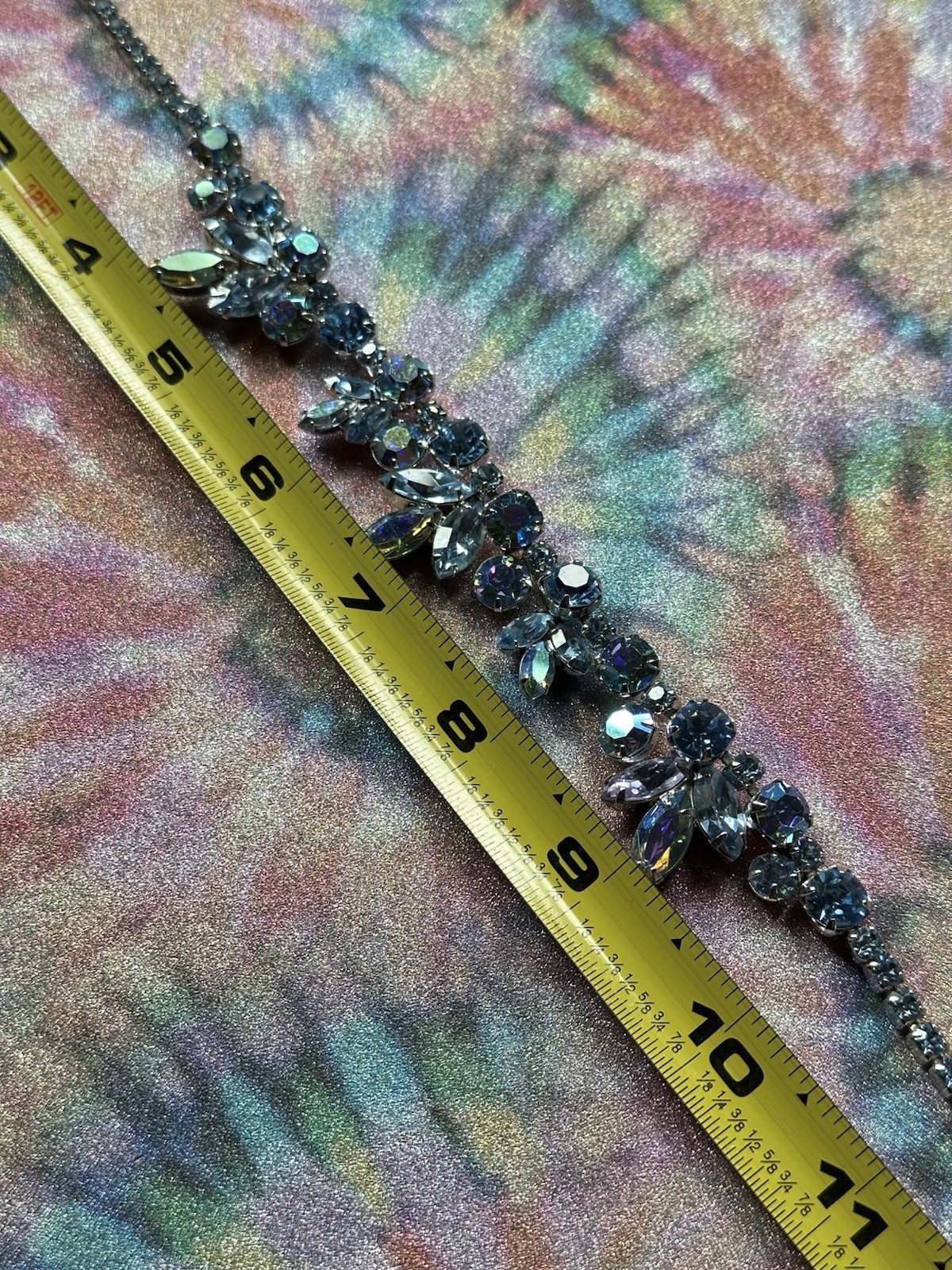 VTG Weiss Light Blue Rhinestones Floral Necklace 16”, 60s