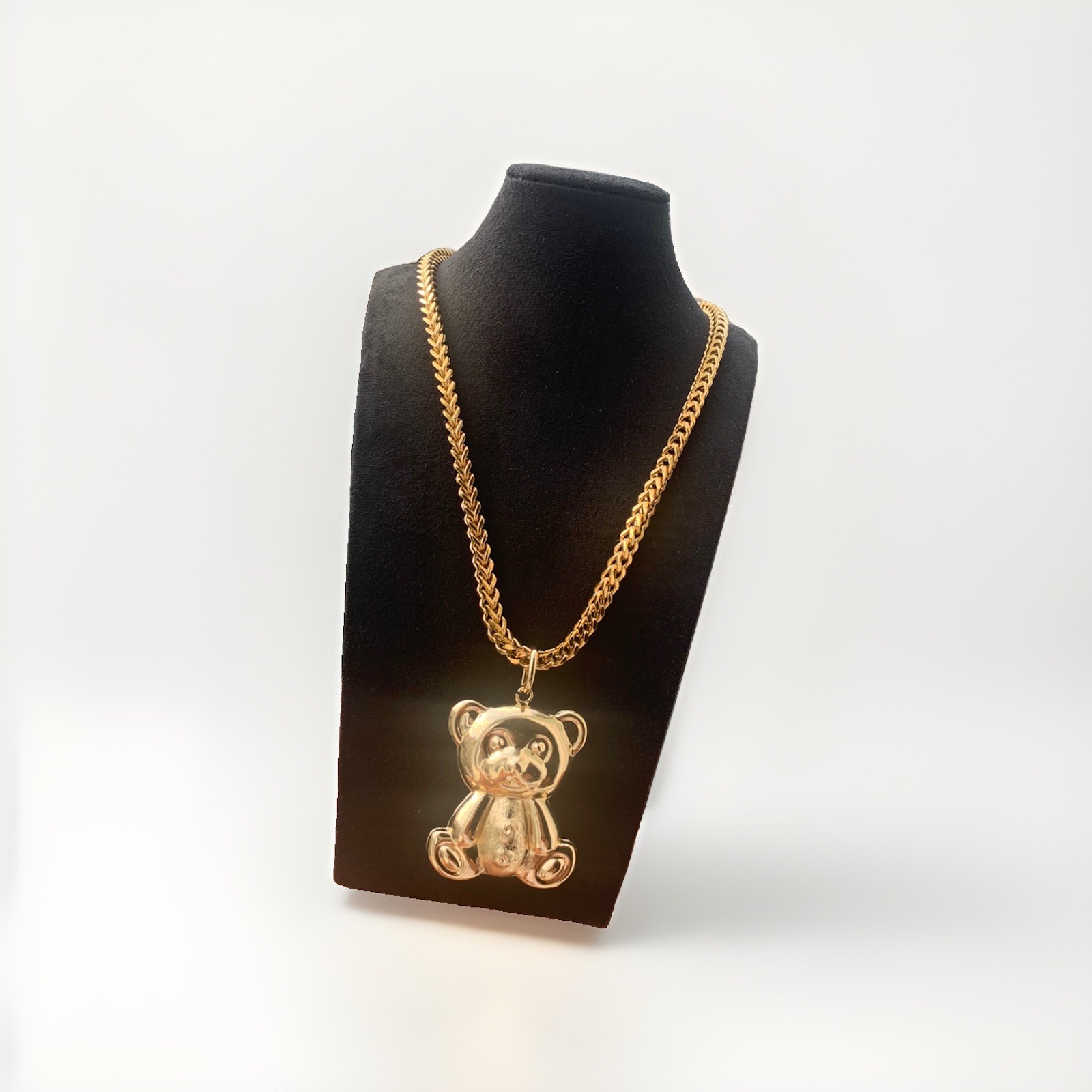 Mens Stainless Steel 18k Gold Plated Franco Necklace & Brass Teddybear Pendant