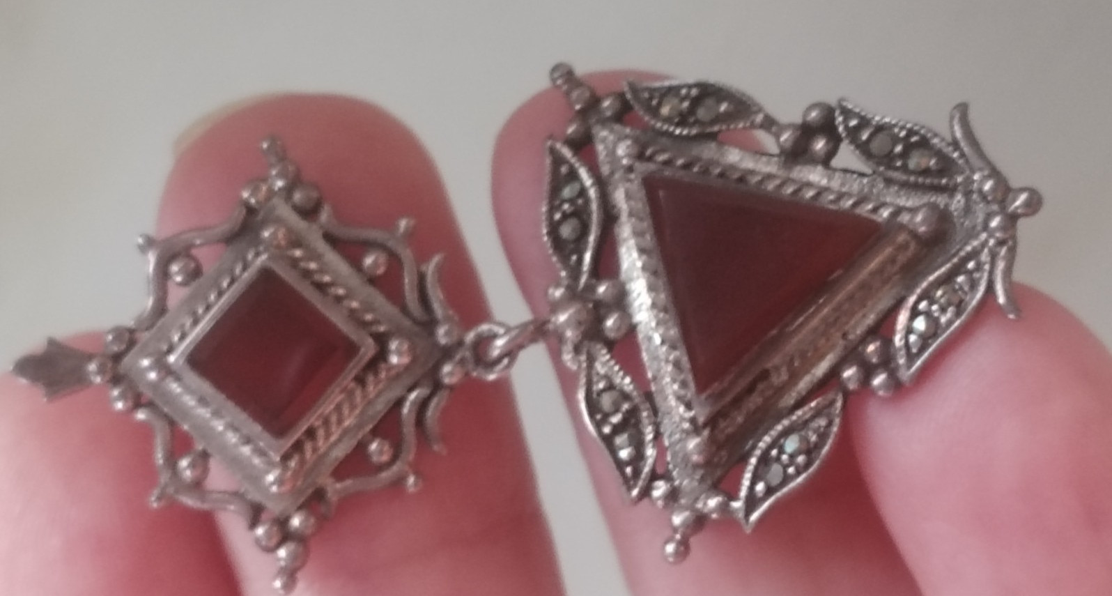 Carnelian Inset Triangle Drop Pierced Earrings
