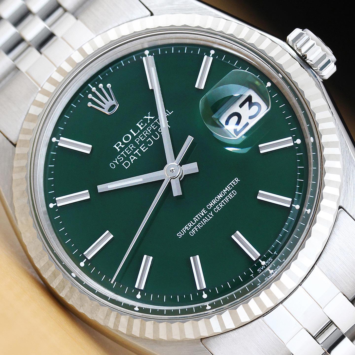ROLEX MENS DATEJUST GREEN DIAL 18K WHITE GOLD STEEL WATCH w/ JUBILEE BAND