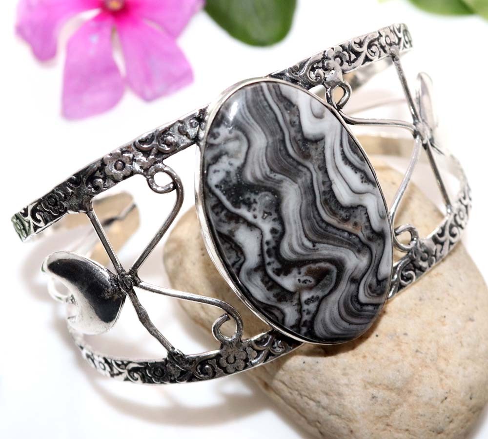 925 Silver Plated Huge Zebra Calcite Bangle 6.5″ Casual Chic Jewelry Trendy GW