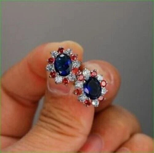 Women’s 2.20Ct Oval Simulated Sapphire Halo Stud Earring 14K White Gold Plated