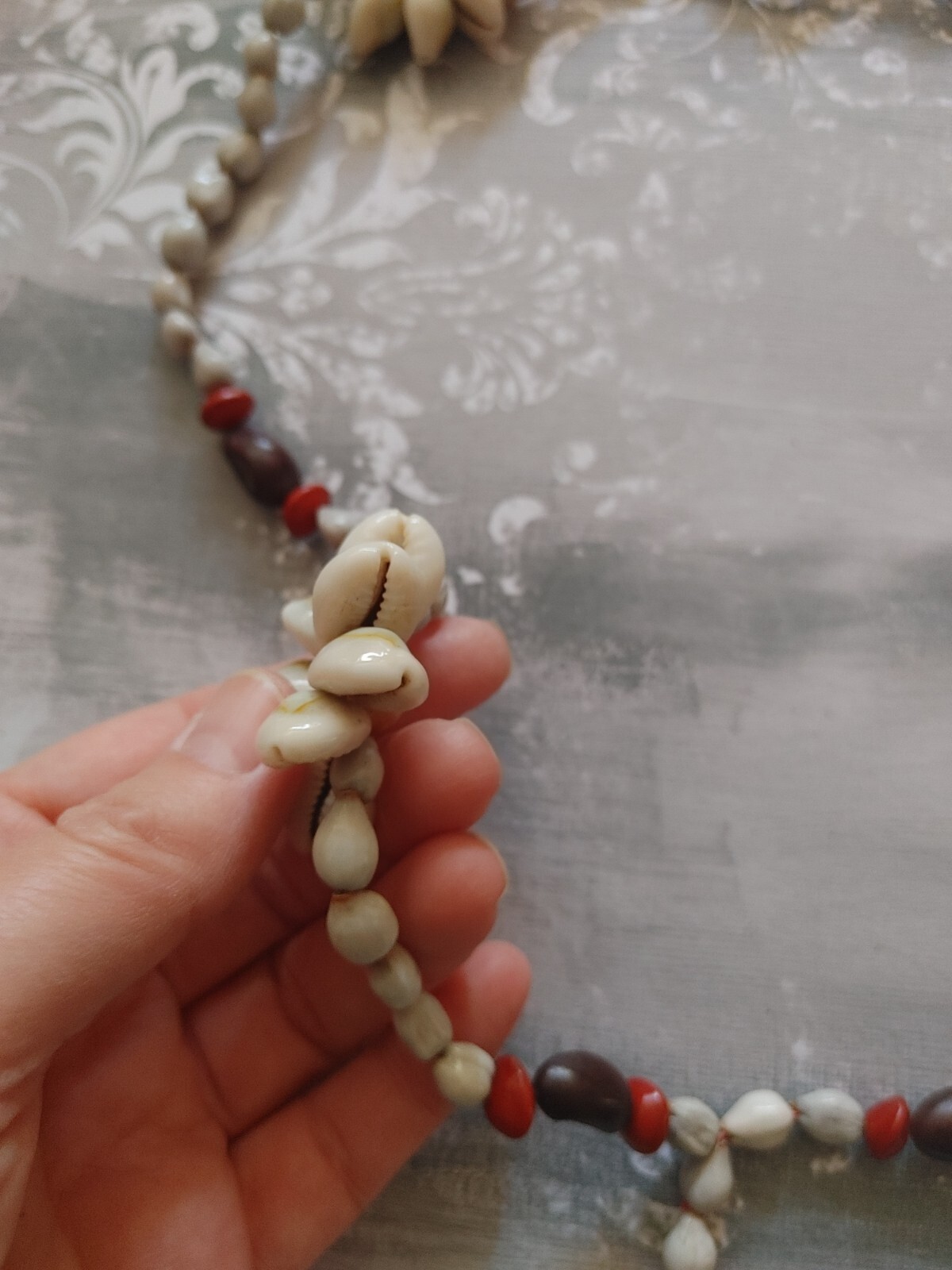 Vintage necklace light gray Job’s Tears natural seeds cowrie shell flowers 28″