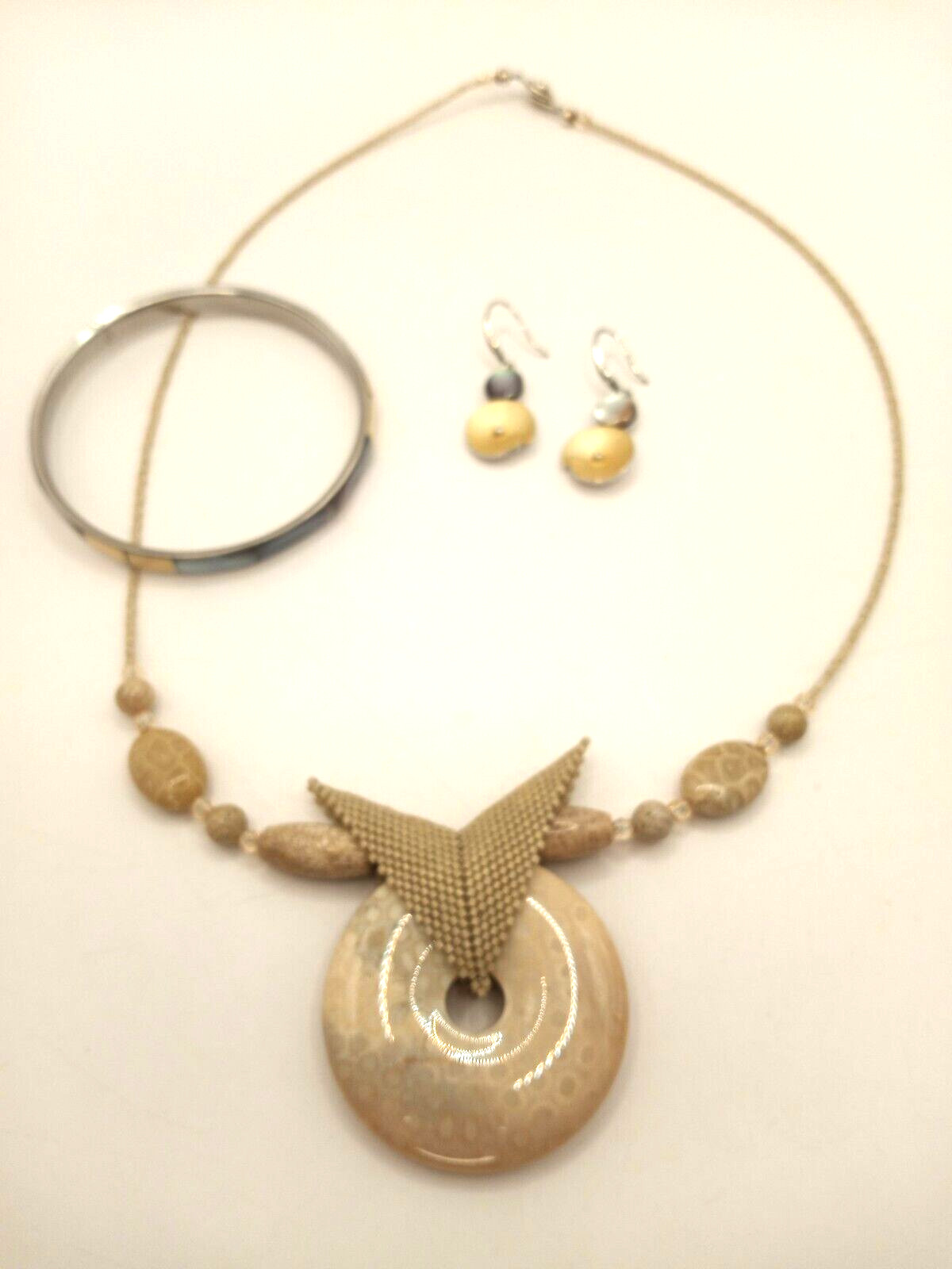 Boho Style Natural Stone Necklace with Earrings & Mother of Pearl Bracelet