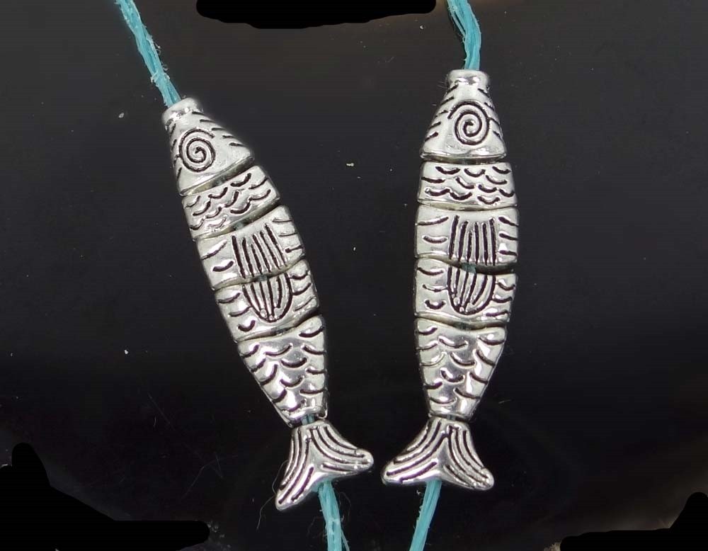 2 Greek Worry Fish Silver Pewter Assembling Focal Pendant Bead 35x8mm – small