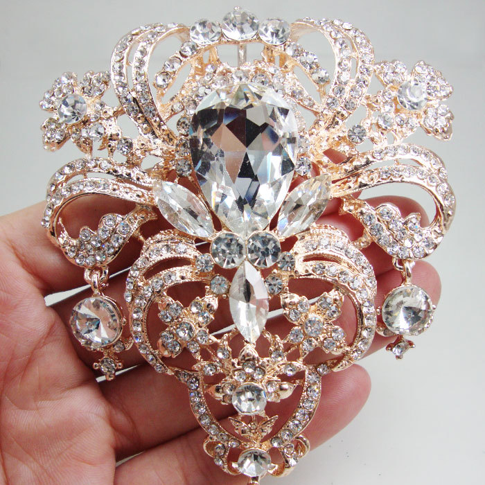 Rose Gold Tone Fashion Bride Brooch Pin Clear Rhinestone Crystal Flower Pendant